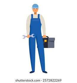 Repairman is holding a wrench and a tool box, ready to get to work