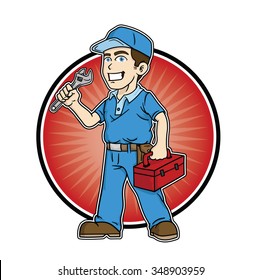 Repairman holding a wrench and toolbox for your business logo