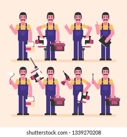 Repairman holds hammer drill screwdriver suitcase and various objects. Character set. Vector Illustration