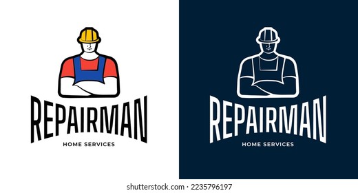 Repairman home service logo set. Handyman male logotype. Building repair business brand identity symbol. Construction and maintenance industry badge design. Mechanic workshop man insignia. Vector eps