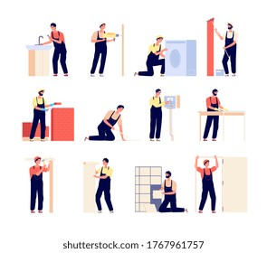 Repairman. Home workers, electrician carpenter and painter. Flat men with repair tools, people renovation working. Handyman vector set