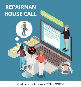 Repairman House Call Isometric Background With Young Couple Broken Washing Machine And Repair Service Website On Computer Screen Vector Illustration