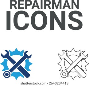 Ícones de reparador, ícones de arte de linha Contendo correção, casa e reparação de carro, manutenção, caixa de ferramentas e ícones de serviço de reparador. Coleção de ícones do Solid. Ilustração vetorial.