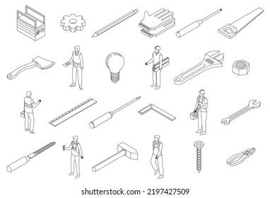 Reparateur-Symbole gesetzt. Isometrische Reihe von Vektorsymbol-Symbolen für Repsatorvektorsymbole umreihen dünne Linie einzeln auf weiß