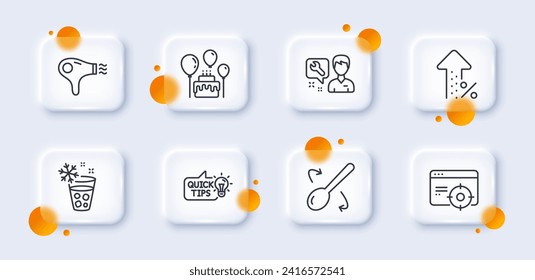 Repairman, Increasing percent and Hair dryer line icons pack. 3d glass buttons with blurred circles. Cake, Cooking spoon, Ice maker web icon. Education idea, Seo targeting pictogram. Vector