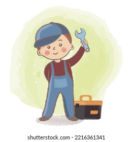 Repairman Kid With Wrench. Mechanic Vector Illustration. Career Day In Kindergarten. Repairman Isolated Vector Illustration. Flat Kid Character. Worker Child With Tool Kit. 