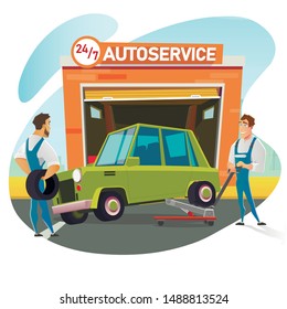 Repairman Lifting Car on Adjustable Jack for Checkup. Coworker Waiting for Diagnostic Results with New Tire in Hand. Cartoon Round-the-Clock Automotive Service Building. Vector Flat Illustration
