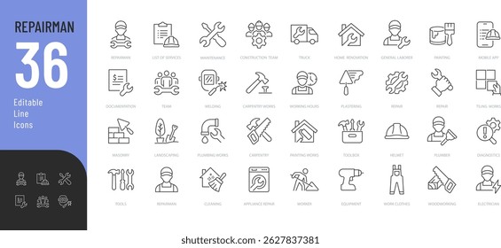 
Repairman Line Editable Icons set. Vector illustration in modern thin line style of repair related icons: types of repair work, tools, and more. Isolated on white background.
