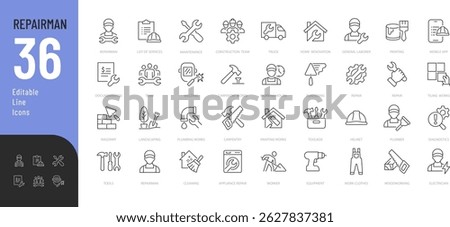 
Repairman Line Editable Icons set. Vector illustration in modern thin line style of repair related icons: types of repair work, tools, and more. Isolated on white background.

