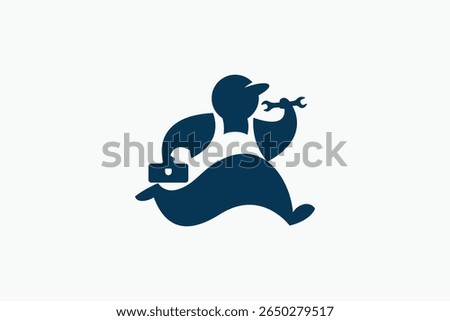 Repairman logo with a repairman running with wrench and toolbox. It is good for house service, cleaning service, plumbing, etc.