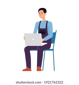 Repairman making diagnostic with laptop, flat vector illustration isolated on white background. Computer technology for car maintenance services and repair workshop.