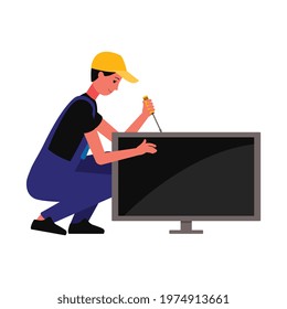 Repairman Male Cartoon Character Repairing Broken TV Flat Vector Illustration Isolated On White Background. House Appliance Repair Service Logo Element Design.