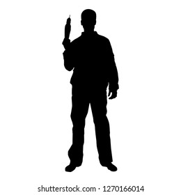 Repairman master man in overalls with tool in his hands electric drill View with front icon black color
