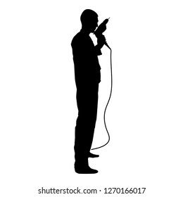 Repairman master man in overalls with tool in his hands electric drill View with side icon black color