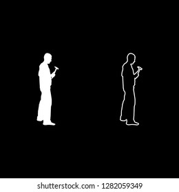 Repairman master man in overalls with tool in his hands hammer icon set white color