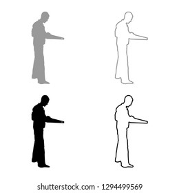 Repairman master man in overalls with tool in his hands hand saw icon set grey black color vector illustration outline flat style simple image