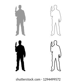 Repairman master man in overalls with tool in his hands electric drill View with front icon set grey black color vector illustration outline flat style simple image