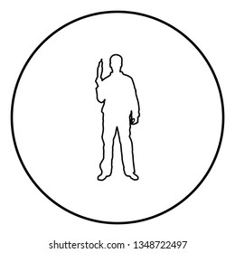 Repairman master man in overalls with tool in his hands electric drill View with front icon outline black color vector in circle round illustration flat style simple image