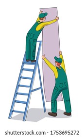 El maestro de Repairman empapelando sobre el líder. Casa, limpieza. Reforma residencial, renovación. Servicio de reparación de casas. Equipo profesional. Diseño de vectores aislado en fondo blanco