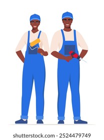 Reparador ou mecânico negro homem e mulher pintor. Coleção de ferramentas de reparo profissionais. Personagens de homem e mulher de uniforme. Ilustração vetorial