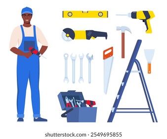 Repairman or mechanic and collection of tools. Black Man character in uniform with set of professional instruments. Vector illustration