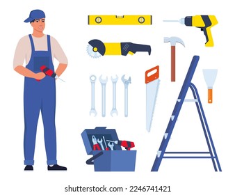 Repairman or mechanic and collection of tools. Man character in uniform with set of professional instruments. Vector illustration