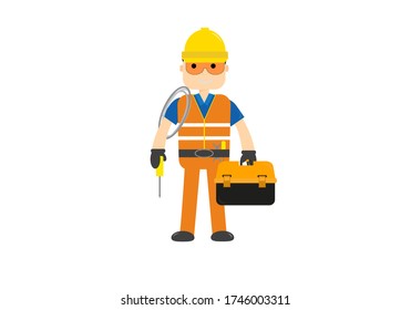 Repairman mechanic electrical engineer holding a spanner wrench and a tools bag toolbox in hand wearing helmet maintenance uniform