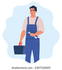 Repairman or mechanic with a toolbox. Man character in uniform with wrench in his hand. Vector illustration