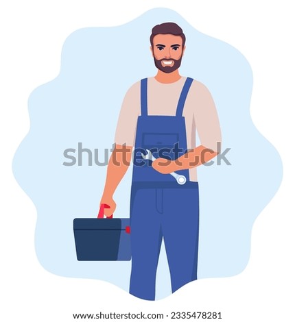 Repairman or mechanic with a toolbox. Man character in uniform with wrench in his hand. Vector illustration