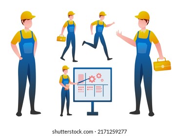 Repairman or mechanic with a toolbox. Man working, holds toolbox with instrument for customer service. Cartoon vecter illustration