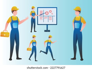 Repairman or mechanic with a toolbox. Man working, holds toolbox with instrument for customer service. Cartoon vecter illustration