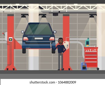 Repairman near automobile at hydraulic lift. Car diagnostic or maintenance, inspection or check, tuning or repair at garage. Technician or worker, man near vehicle hoist or elevator. Automotive theme