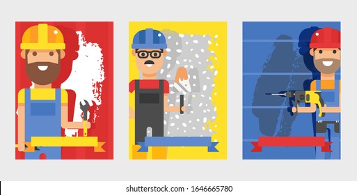 Repairman on banner template vector illustration for repair service. Handyman cartoon character repairing wall smiles. Workers with tools like spatula, wrench, puncher work in uniform and helmets.