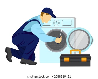 Repairman está de rodillas, mirando a la lavadora abierta y sosteniendo un destornillador en la mano. Reparación de electrodomésticos. Ilustración vectorial en estilo plano sobre fondo blanco.