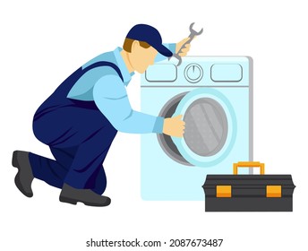 Repairman opens the washing machine and holds a wrench in his hand. There is a toolbox nearby. Repair of household appliances. Vector Illustration in flat style on white background.