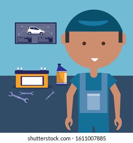 Repairman with overol in garage design, Repair service maintenance job workshop labor work broken and professional theme Vector illustration