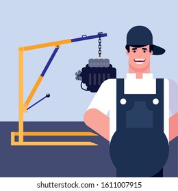 Repairman with overol in garage design, Repair service maintenance job workshop labor work broken and professional theme Vector illustration