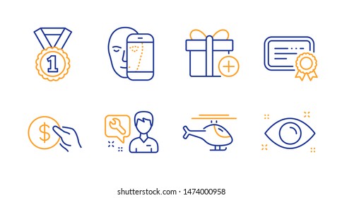 Repairman, Payment and Add gift line icons set. Helicopter, Certificate and Best rank signs. Face biometrics, Health eye symbols. Repair service, Usd coin. Business set. Line repairman icon. Vector