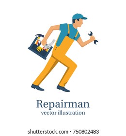 Repairman. Person with technical assistance hurries to the rescue. Holding toolbox in hand. Vector illustration flat design. Isolated on white background. Worker customer service.