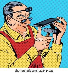 The repairman phones smartphone humour mechanic engineer gadgets programmer. A grown man with tools is holding a modern gadget, and is going to beat it with a hammer