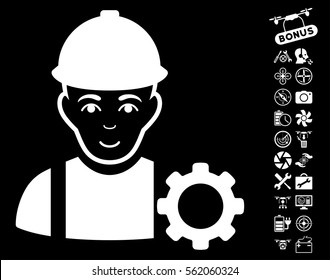 Repairman pictograph with bonus drone service images. Vector illustration style is flat iconic white symbols on black background.