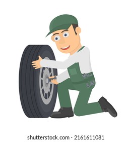 Repairman repairs the wheel. Car wheel replacement and maintenance, vector illustration