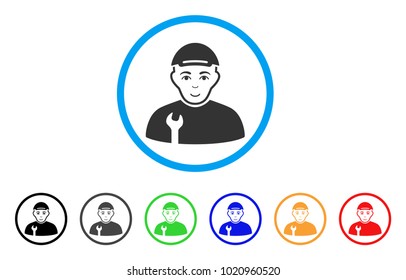 Repairman rounded icon. Style is a flat repairman gray symbol inside light blue circle with black, gray, green, blue, red, orange variants. Joy repairman vector pictogram.