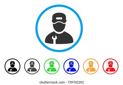 Repairman rounded icon. Style is a flat grey symbol inside light blue circle with additional color versions. Repairman vector designed for web and software interfaces.