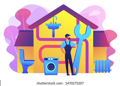 Repairman service. Handyman with wrench, mechanic. Plumber services, full service sewer and drain repair, cheap and reliable plumbers concept. Bright vibrant violet vector isolated illustration