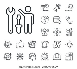 Repairman service sign. Place location, technology and smart speaker outline icons. Spanner tool line icon. Fix instruments symbol. Repairman line sign. Influencer, brand ambassador icon. Vector