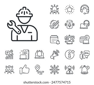 Repairman service sign. Place location, technology and smart speaker outline icons. Spanner tool line icon. Fix instruments symbol. Repairman line sign. Influencer, brand ambassador icon. Vector