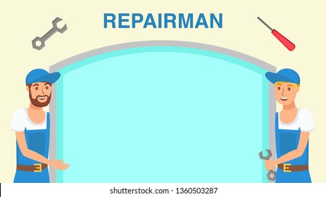 Repairman Service Web Banner Flat Vector Template. Home Repair Promotional Poster with Text Space. Window Installation. Wrench and Screwdriver Illustration. Handsome Workman Holding Professional Tool