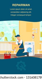 Repairman Service Website Banner Vector Template. Workman Cartoon Character Clipart. Man Fixing Radiator. Tools, Boiler, Pipes, Window. Flat Design Mobile App. Plumbing Company Web Page, Text Space