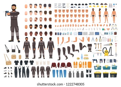 Repairman or serviceman creation kit. Bundle of male cartoon character body details, faces, gestures, clothes, working tools and equipment isolated on white background. Flat vector illustration.